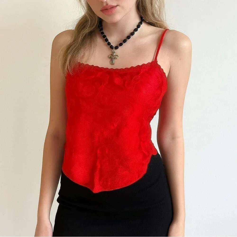 Vintage Red Nylon Paisley Cami – Coquette Y2K Slip Top Medium - Picture 1 of 5